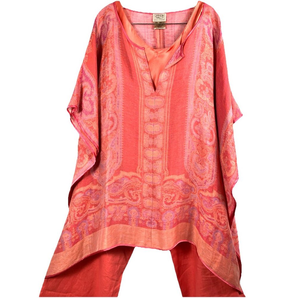 Os Zonda Nellis silk and linen Coral summer 3 piece set tunic tank pants - Picture 2 of 10